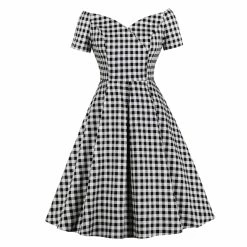 FashionSprout Dresses White Plaid V Neck Off-Shoulder A-Line 50s Dress