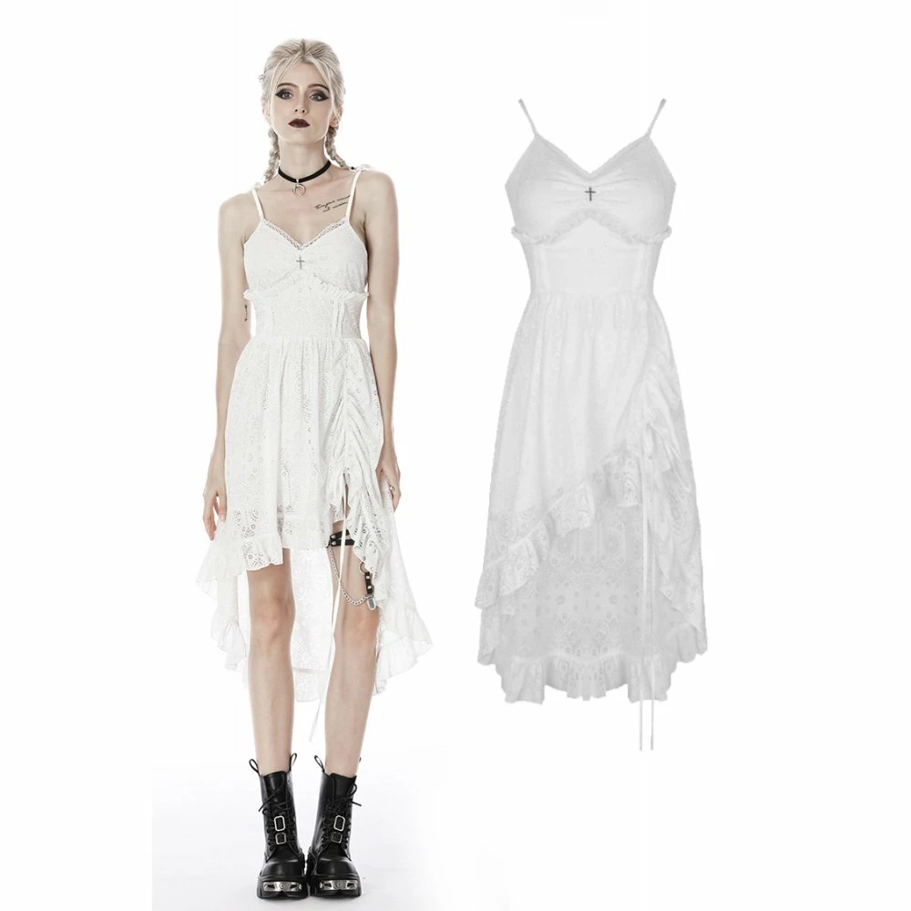Dark In Love Dresses White Spaghetti Strap Steampunk Asymmetrical Lace Cocktail Dress