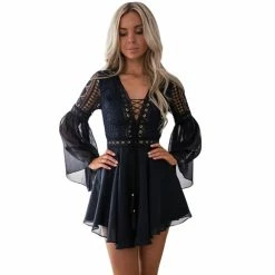 RebelsMarket Dresses Boho Hollow Out Lace Sleeves Flare Mini Dress