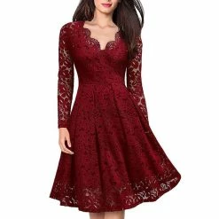 RebelsMarket Dresses Vintage Retro Floral Lace V Neck Long Sleeve Flare Dress